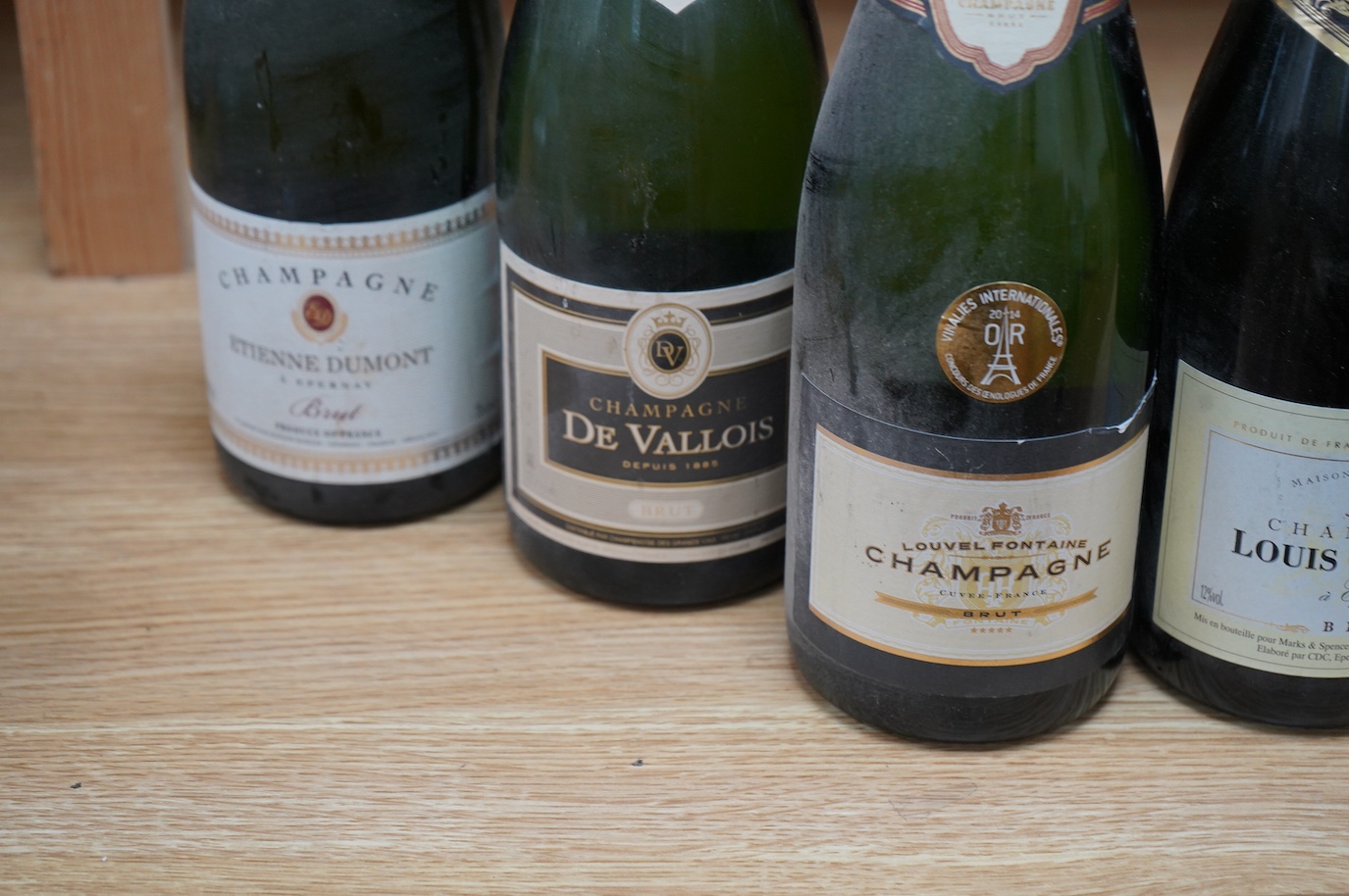 Six assorted non vintage champagnes to include De Vallois and Louvel Fontaine. Condition - good, storage history unknown